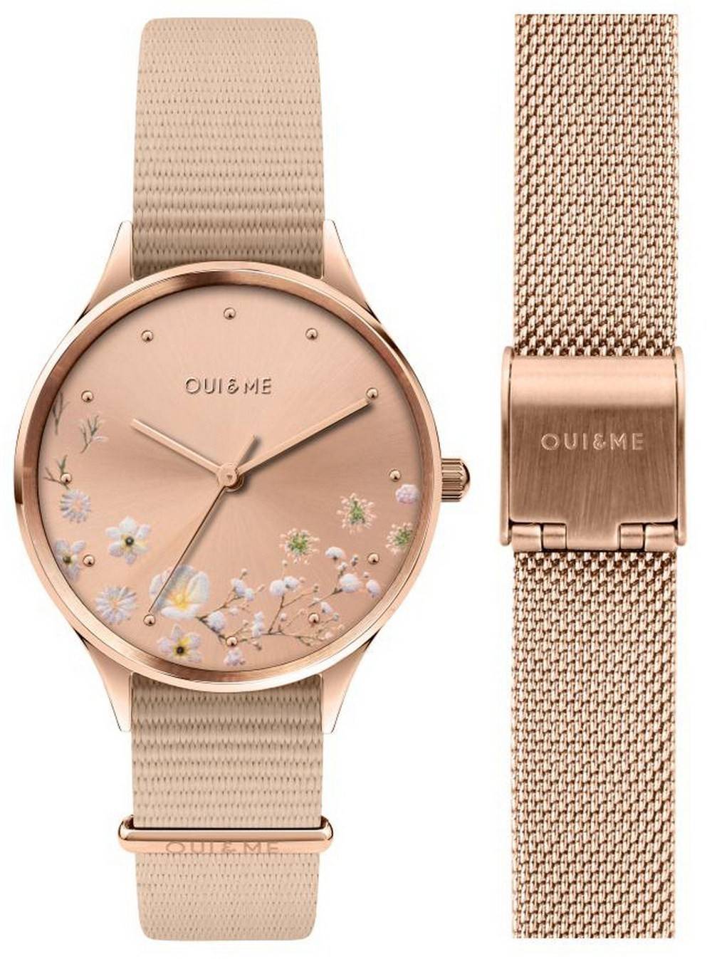 Oui & Me Bichette Quartz movement Rose Gold Nylon Female ME010174. A brand-new Oui & Me Bichette watch featuring a Rose Gold dial and a Nylon strap. Front view.