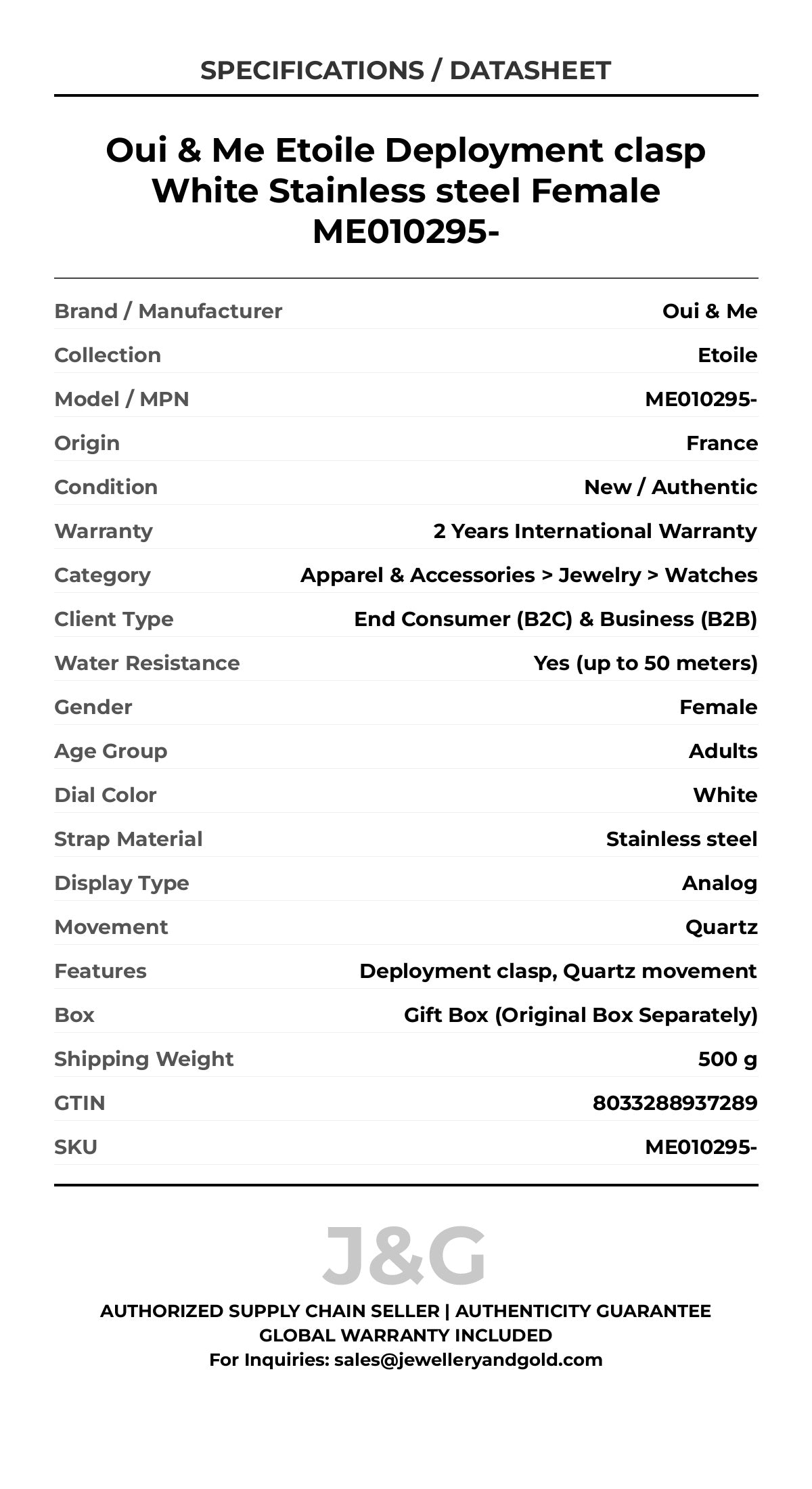 Oui & Me Etoile Deployment clasp White Stainless steel Female ME010295- - Specifications