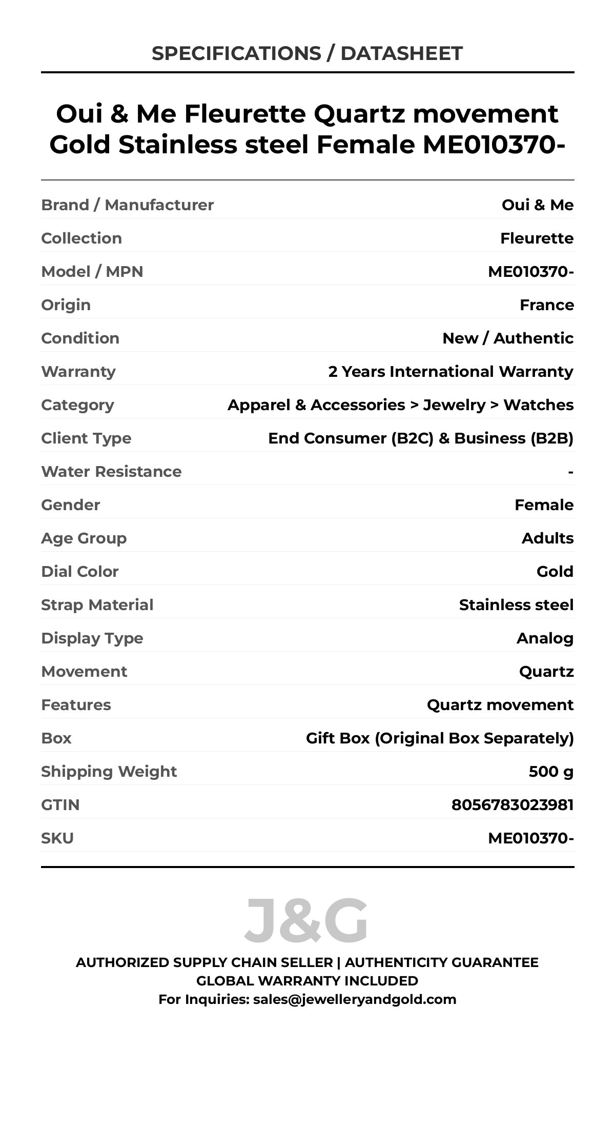 Oui & Me Fleurette Quartz movement Gold Stainless steel Female ME010370- - Specifications