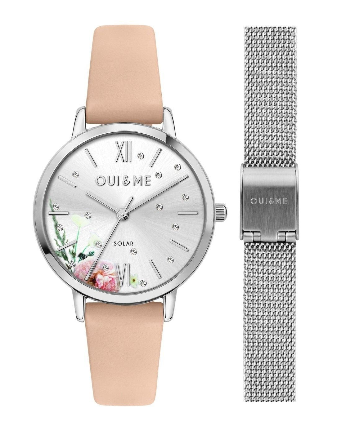 Oui & Me Fleurette Solar powered Silver Leather Female ME010373-. A brand-new Oui & Me Fleurette watch featuring a Silver dial and a Leather strap. Side view.