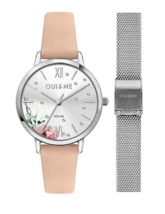 Oui & Me Fleurette Solar powered Silver Leather Female ME010373-. A brand-new Oui & Me Fleurette watch featuring a Silver dial and a Leather strap. Side view.