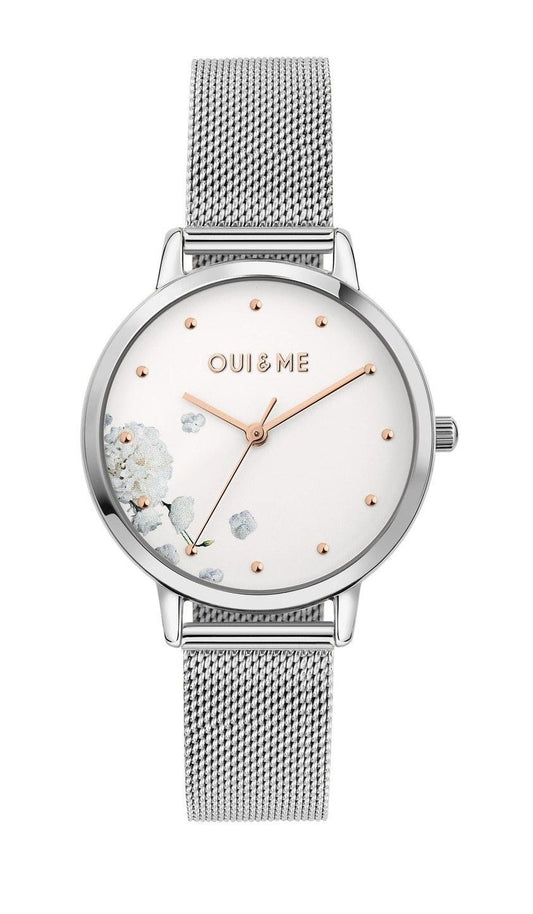Oui & Me Fleurette Quartz movement White Stainless steel Female ME010375-. A brand-new Oui & Me Fleurette watch featuring a White dial and a Stainless steel strap. Angled view.