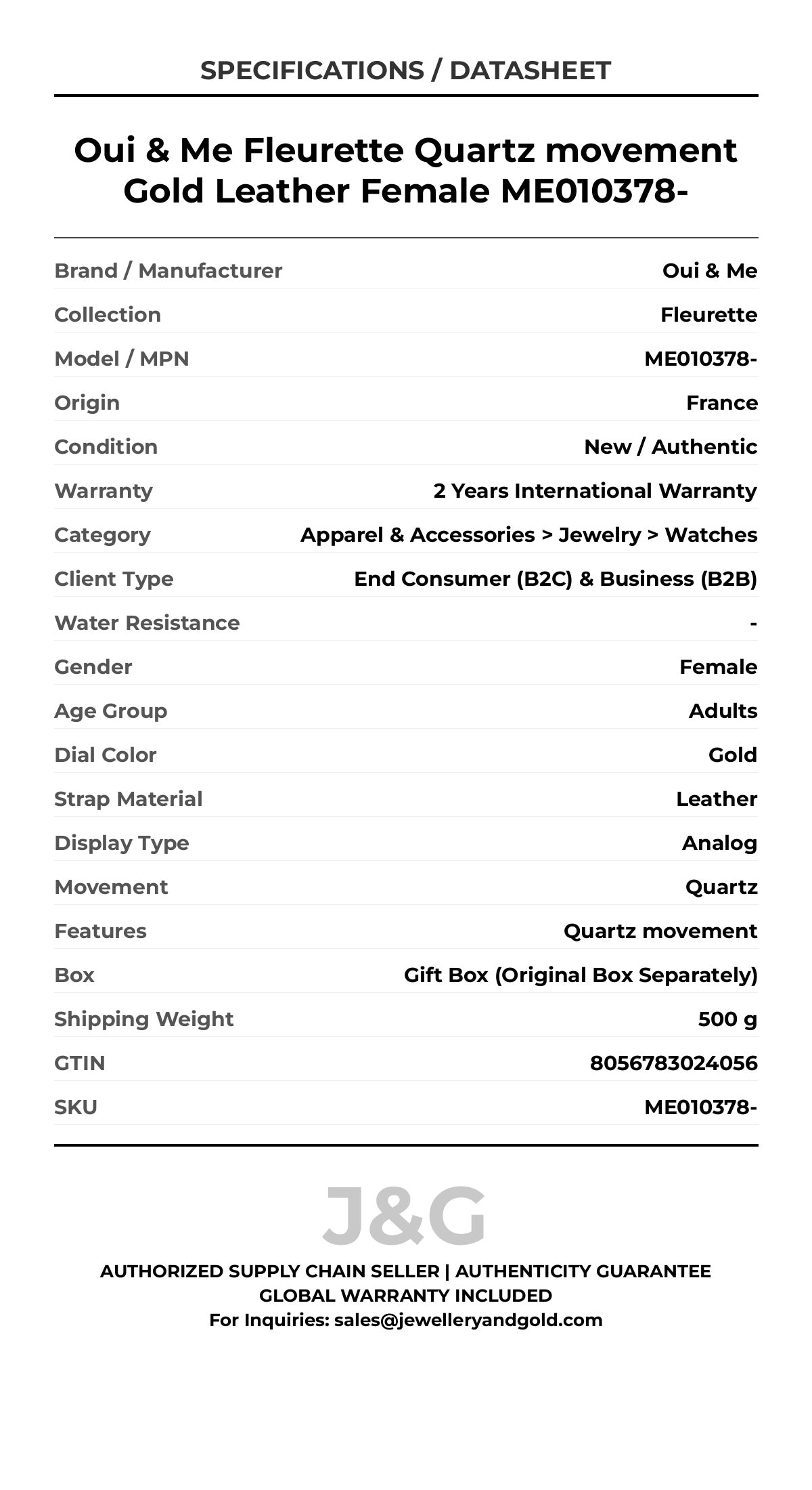 Oui & Me Fleurette Quartz movement Gold Leather Female ME010378- - Specifications