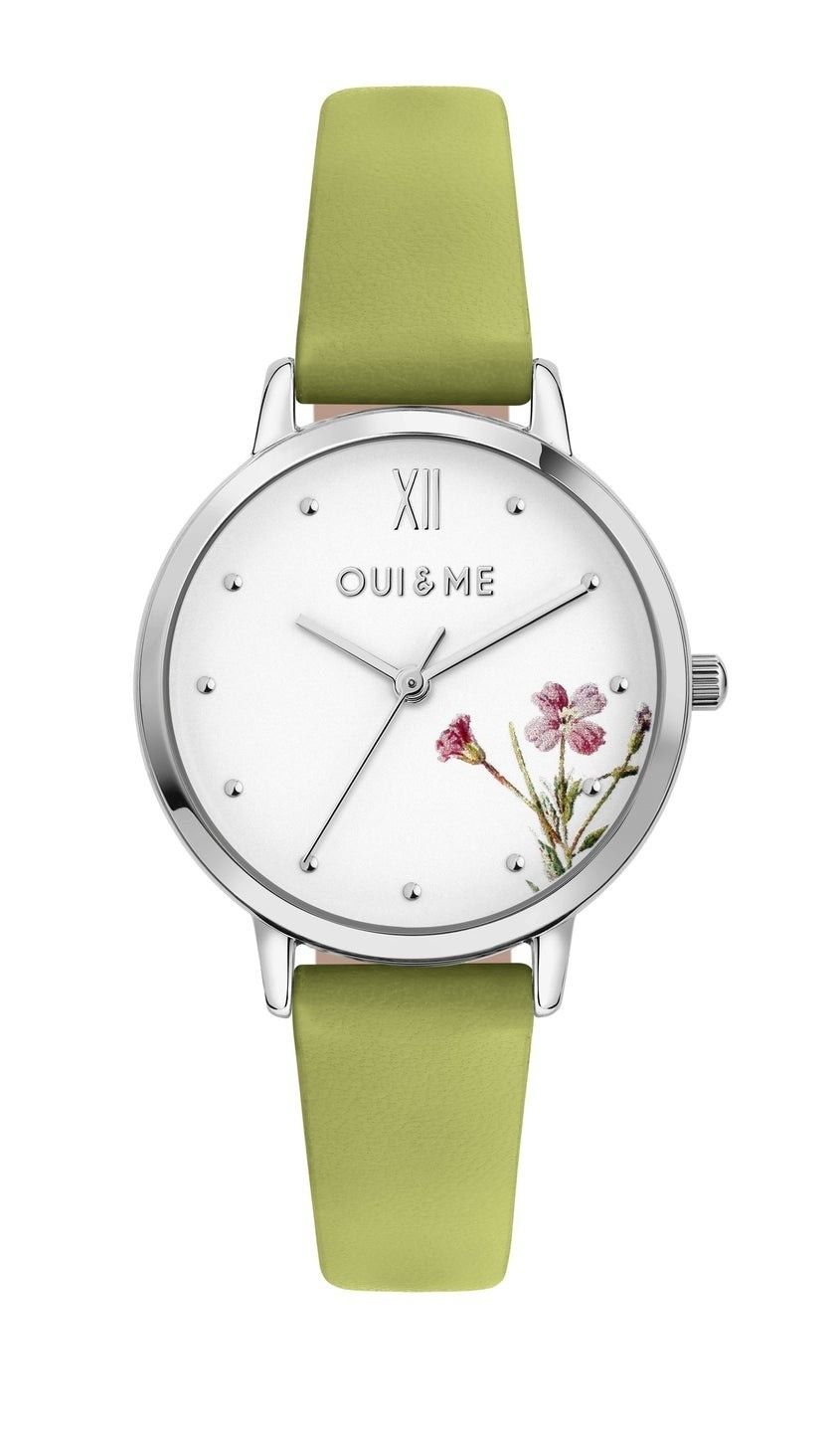 Oui & Me Fleurette Quartz movement White Leather Female ME010379-. A brand-new Oui & Me Fleurette watch featuring a White dial and a Leather strap. Angled view.