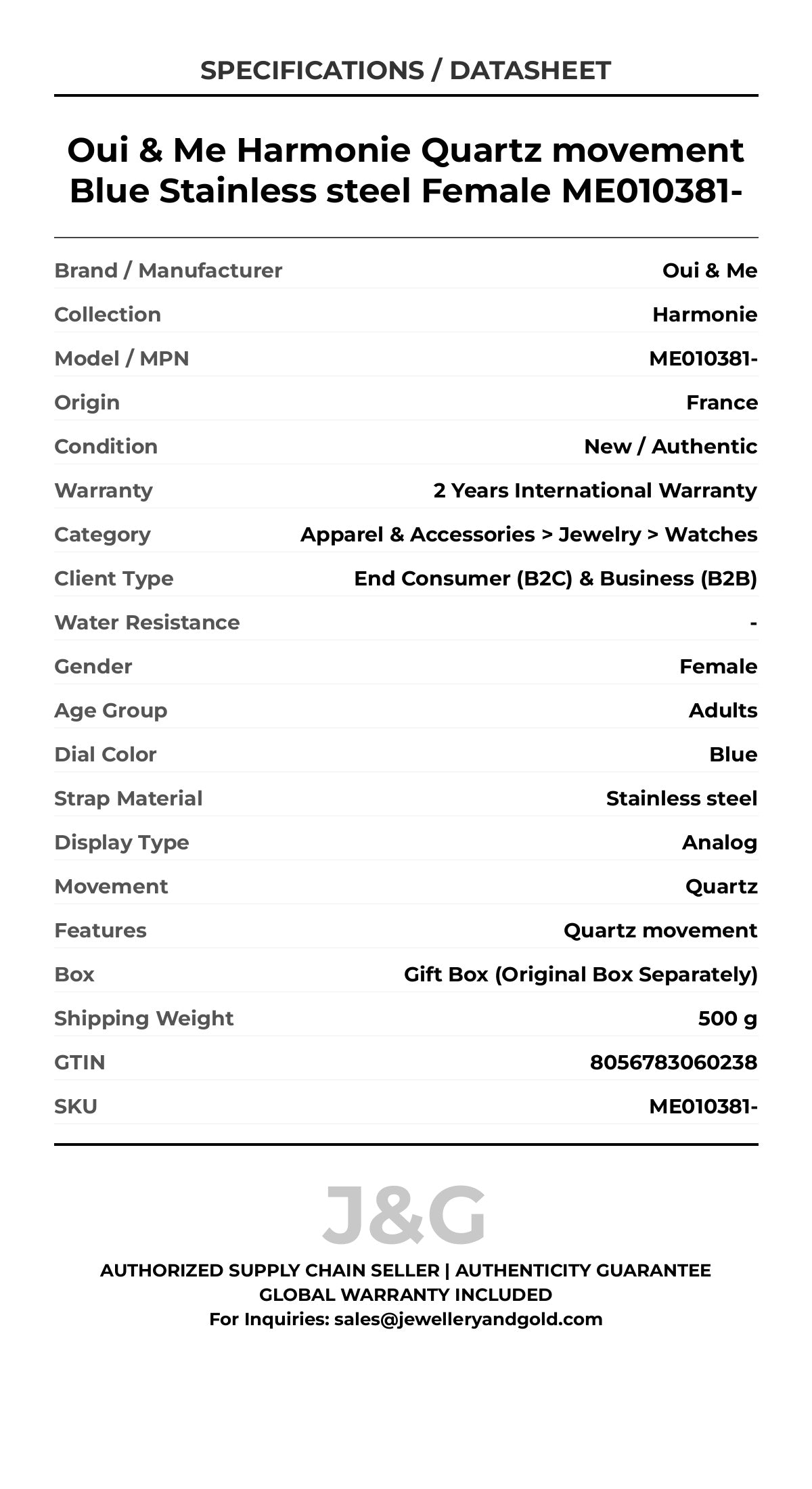 Oui & Me Harmonie Quartz movement Blue Stainless steel Female ME010381- - Specifications