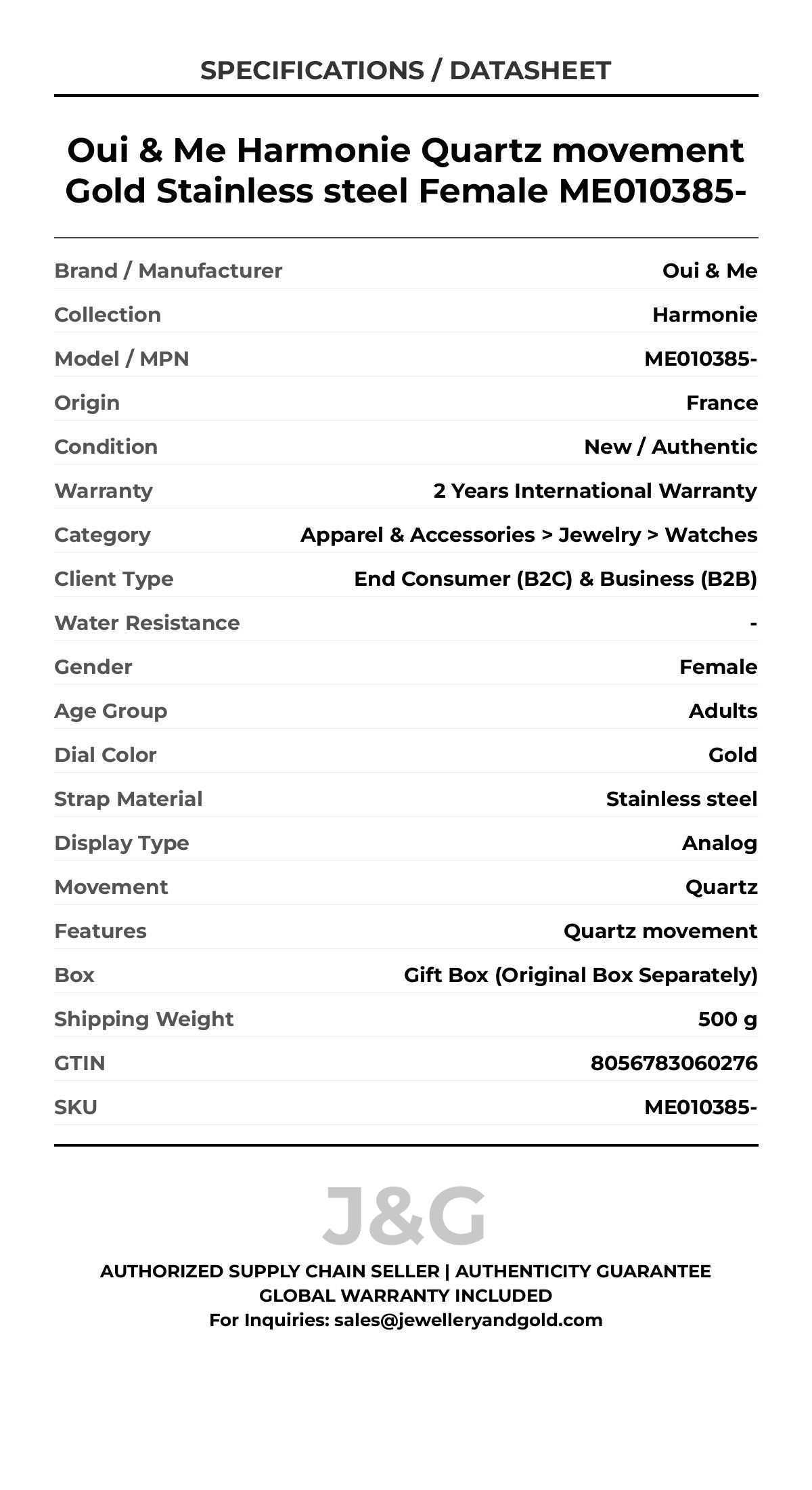 Oui & Me Harmonie Quartz movement Gold Stainless steel Female ME010385- - Specifications