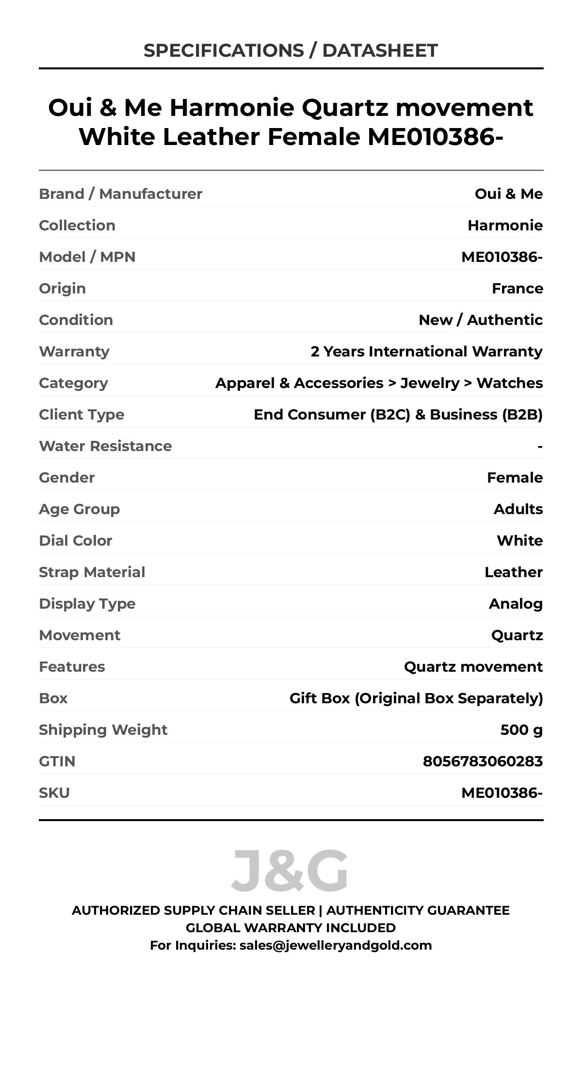 Oui & Me Harmonie Quartz movement White Leather Female ME010386- - Specifications