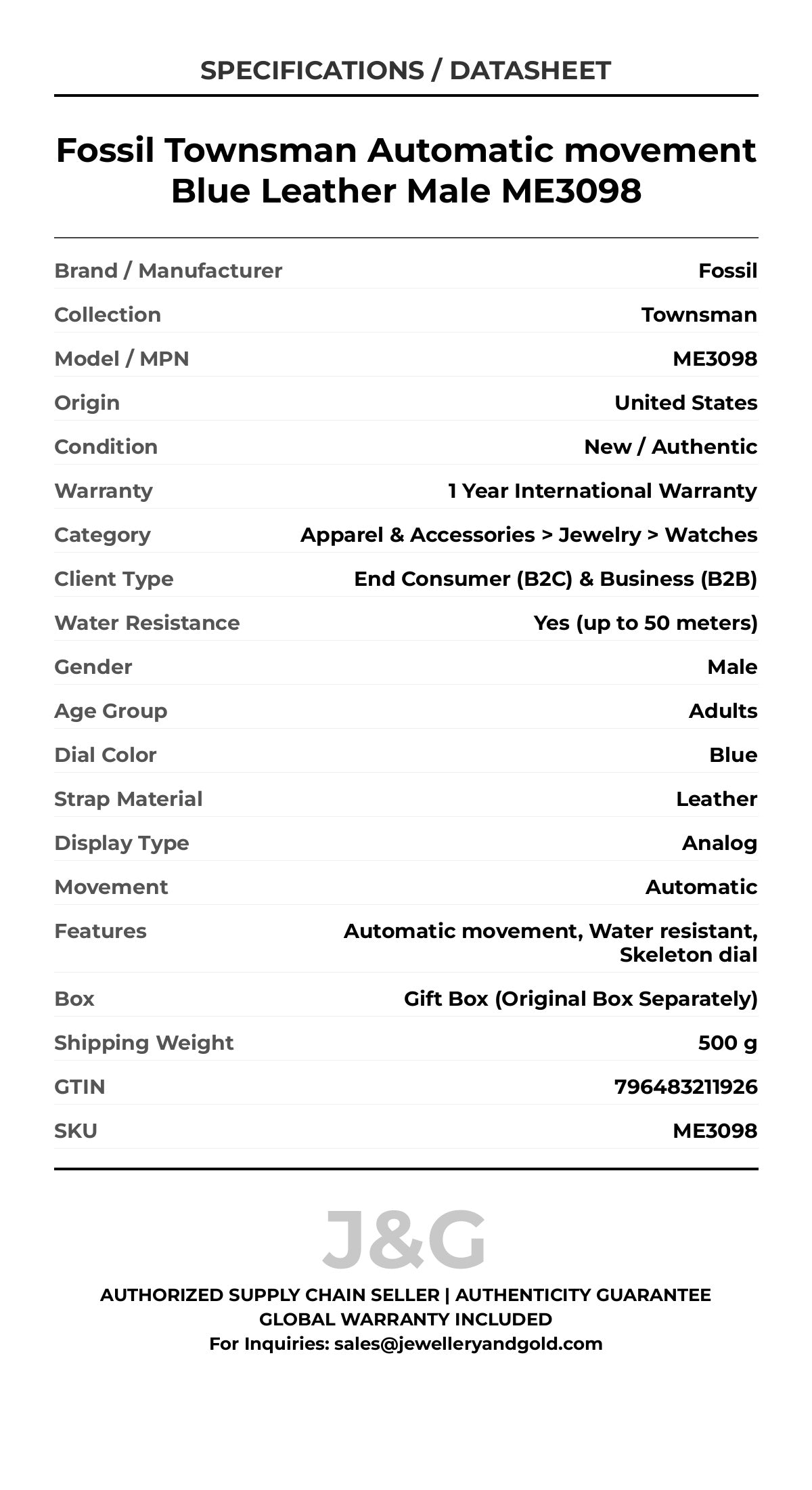 Fossil Townsman Automatic movement Blue Leather Male ME3098 - Specifications