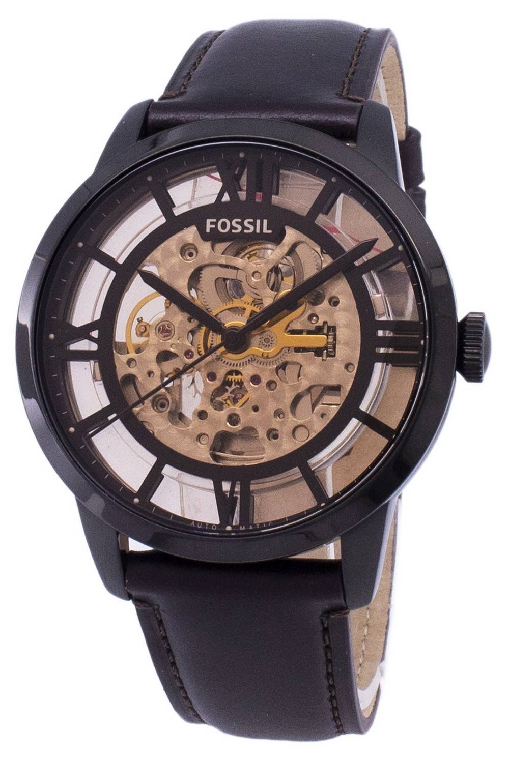 Fossil Townsman Automatic movement Blue Leather Male ME3098. A brand-new Fossil Townsman watch featuring a Blue dial and a Leather strap. Side view.
