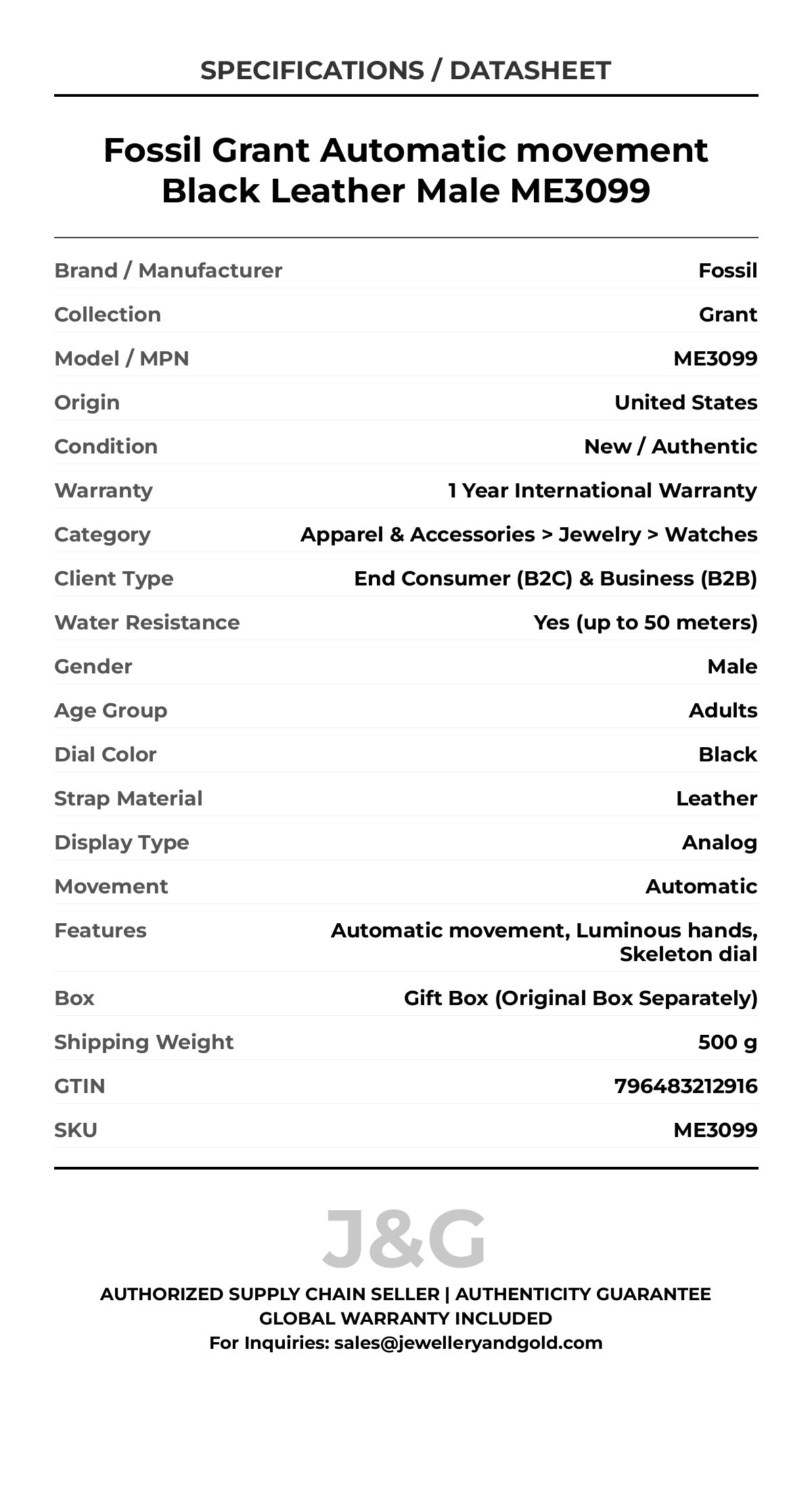 Fossil Grant Automatic movement Black Leather Male ME3099 - Specifications