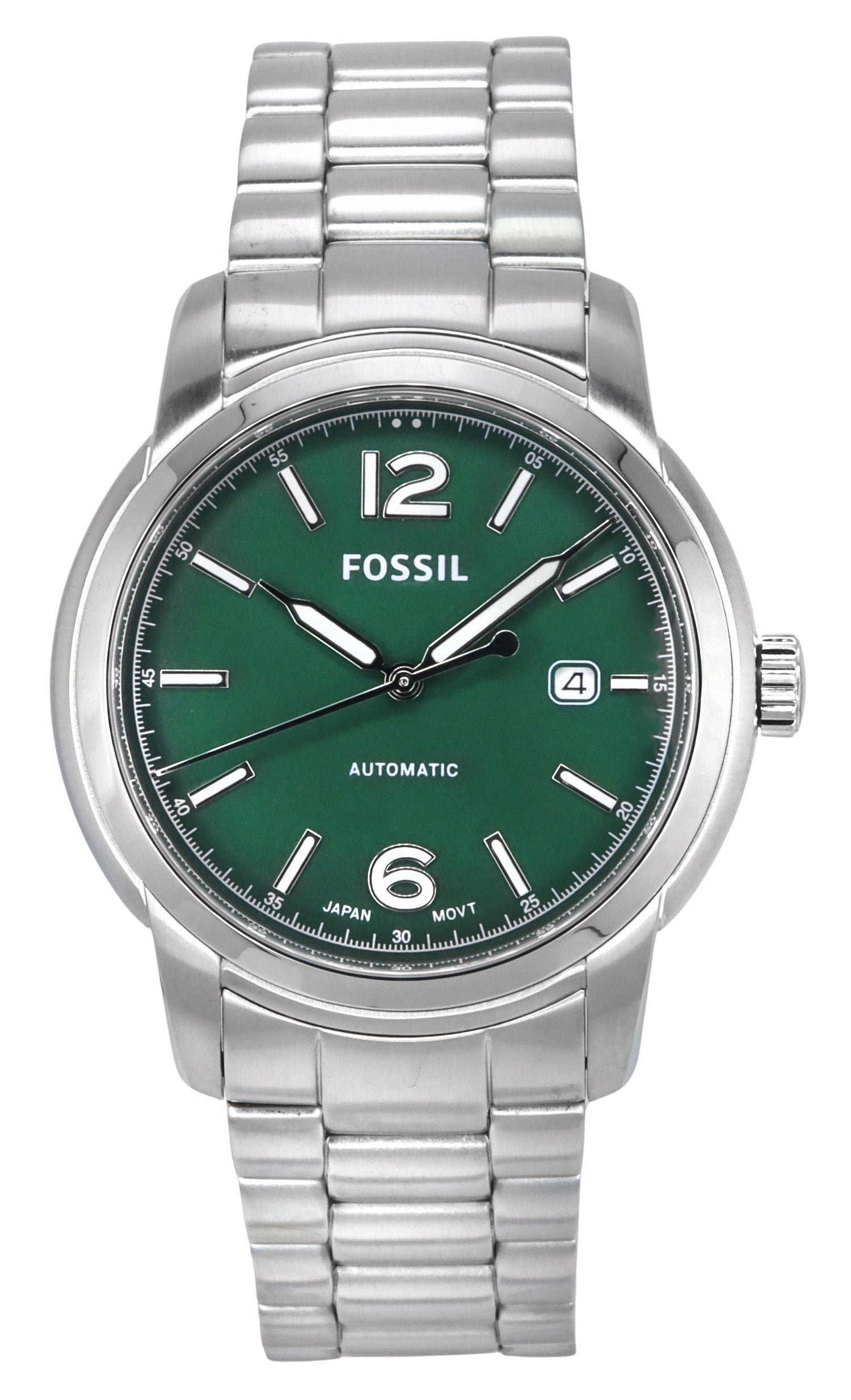 Fossil Heritage Automatic movement Green Stainless steel Male ME3224. A brand-new Fossil Heritage watch featuring a Green dial and a Stainless steel strap. Angled view.