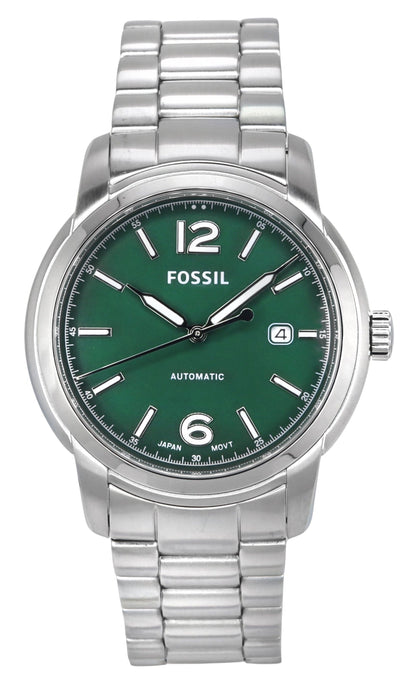Fossil Heritage Automatic movement Green Stainless steel Male ME3224. A brand-new Fossil Heritage watch featuring a Green dial and a Stainless steel strap. Angled view.