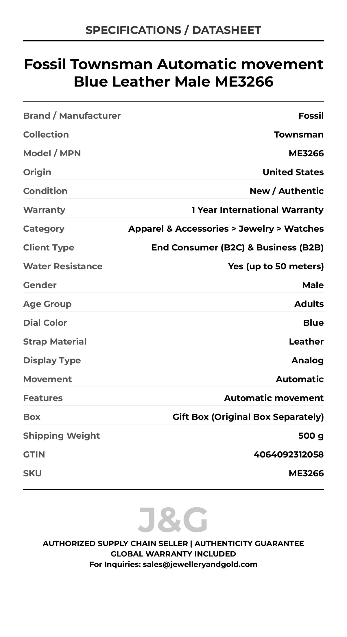 Fossil Townsman Automatic movement Blue Leather Male ME3266 - Specifications
