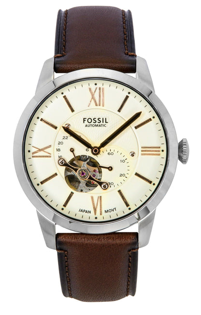 Fossil Townsman Automatic movement Blue Leather Male ME3266. A brand-new Fossil Townsman watch featuring a Blue dial and a Leather strap. Angled view.