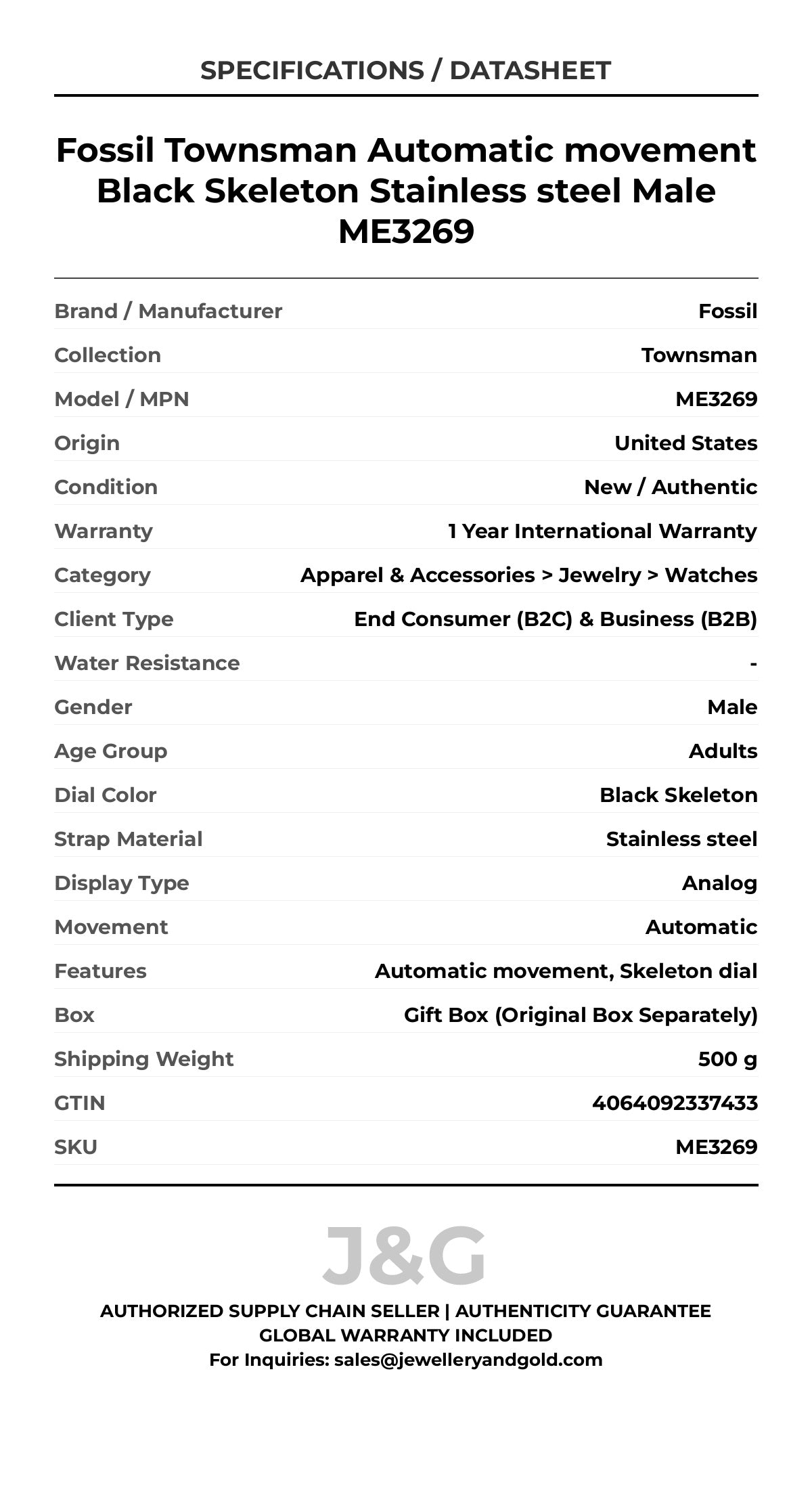 Fossil Townsman Automatic movement Black Skeleton Stainless steel Male ME3269 - Specifications