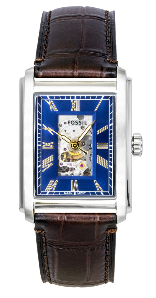 Fossil Carraway Automatic movement Blue Leather Male ME3273. A brand-new Fossil Carraway watch featuring a Blue dial and a Leather strap. Front view.