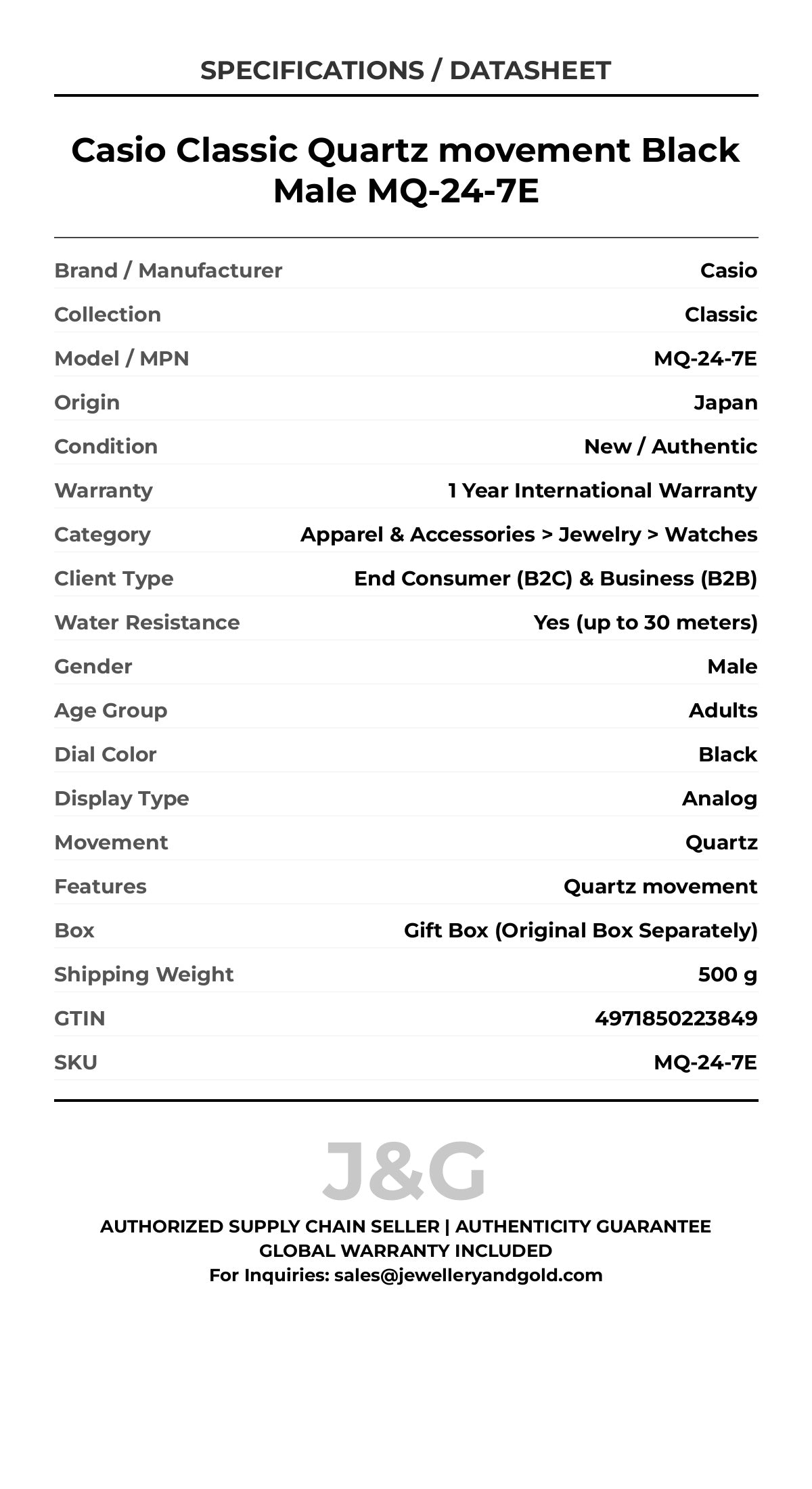 Casio Classic Quartz movement Black Male MQ-24-7E - Specifications