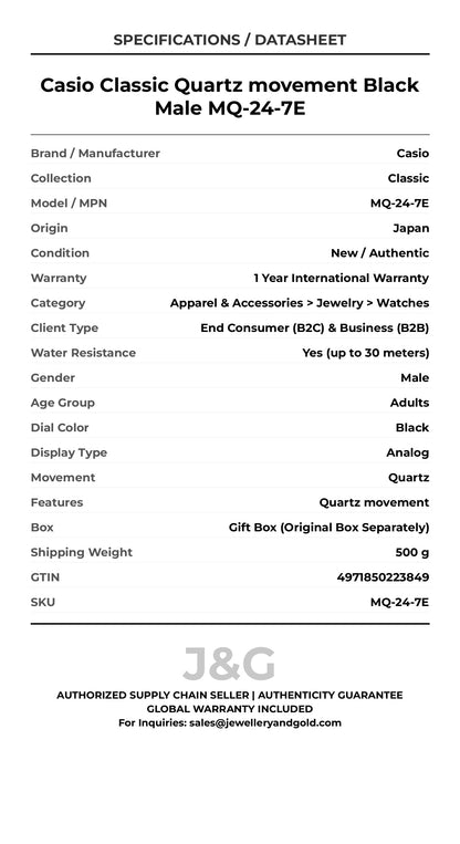 Casio Classic Quartz movement Black Male MQ-24-7E - Specifications