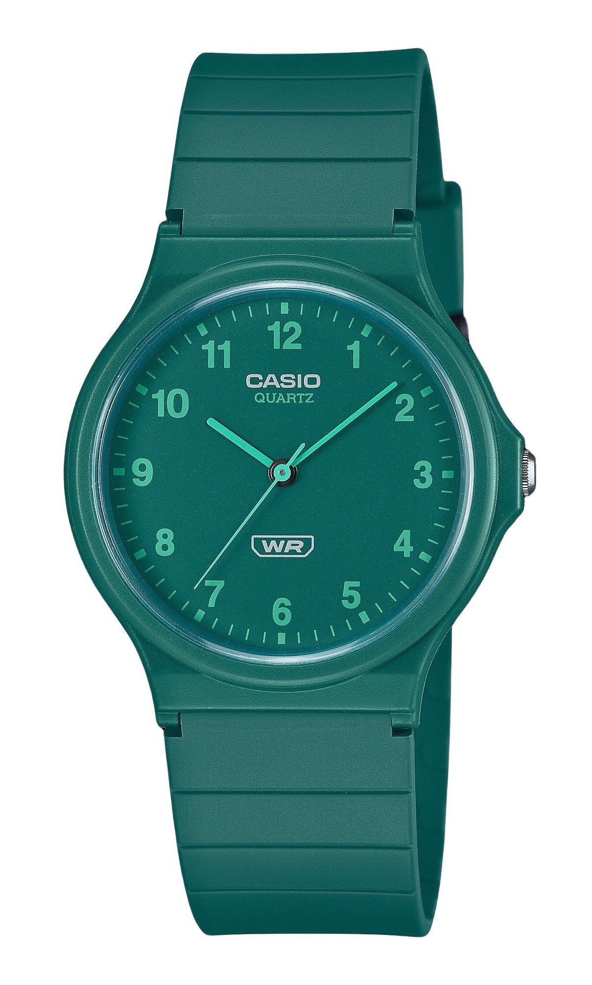Casio POP Quartz movement Green Male MQ-24B-3B. A brand-new Casio POP watch featuring a Green dial. Front view.