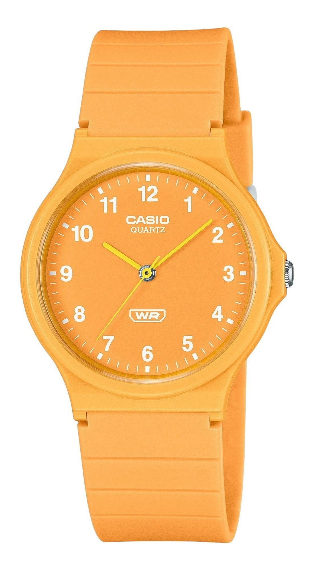 Casio POP Quartz movement Orange Male MQ-24B-9B. A brand-new Casio POP watch featuring a Orange dial. Front view.