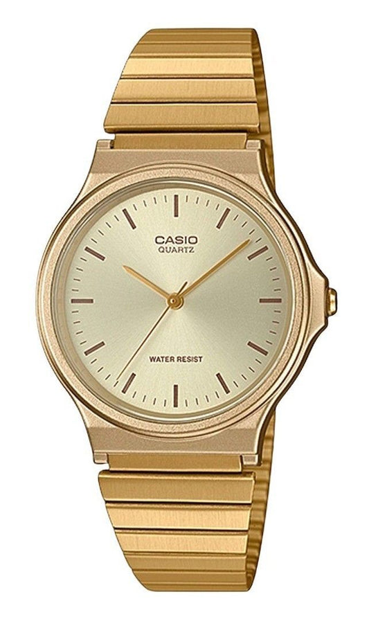 Casio Quartz movement Champagne Stainless steel Male MQ-24G-9E. A brand-new Casio watch featuring a Champagne dial and a Stainless steel strap. Front view.