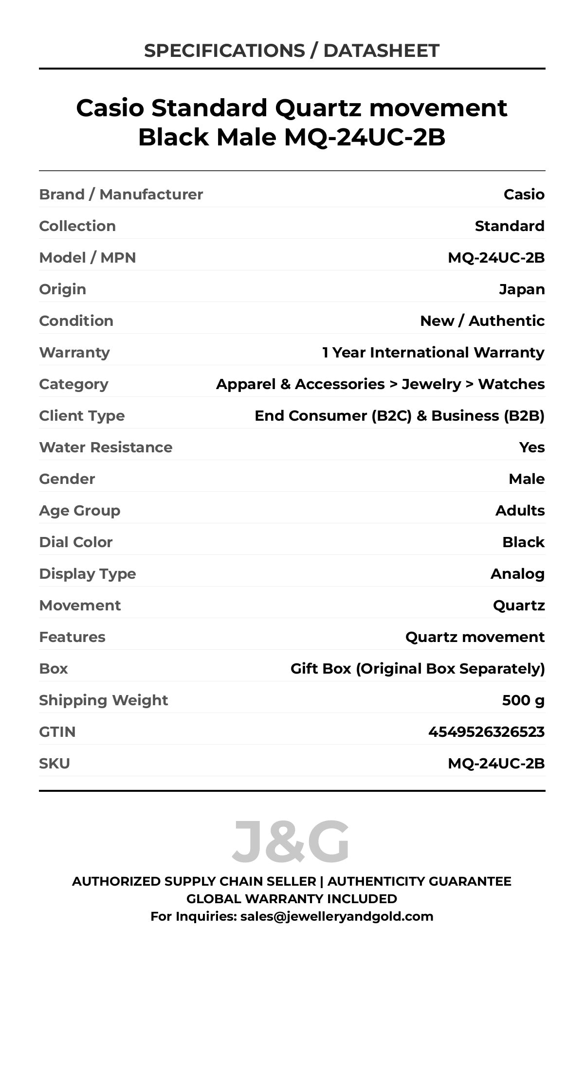 Casio Standard Quartz movement Black Male MQ-24UC-2B - Specifications