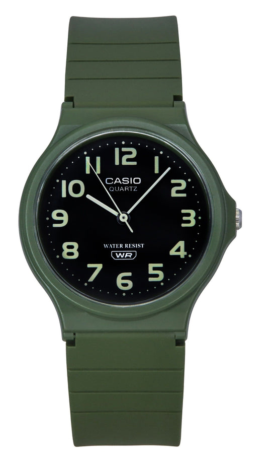 Casio Standard Quartz movement Black Male MQ-24UC-3B. A brand-new Casio Standard watch featuring a Black dial. Side view.