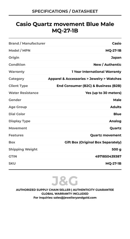 Casio Quartz movement Blue Male MQ-27-1B - Specifications