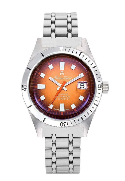 Mathey-Tissot Automatic movement Orange Stainless steel Male MRG3.-.MT. A brand-new Mathey-Tissot watch featuring a Orange dial and a Stainless steel strap. Angled view.