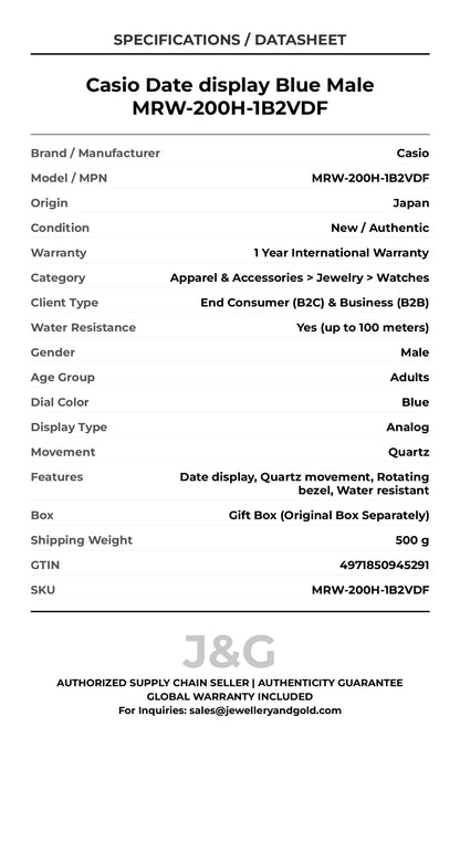 Casio Date display Blue Male MRW-200H-1B2VDF - Specifications