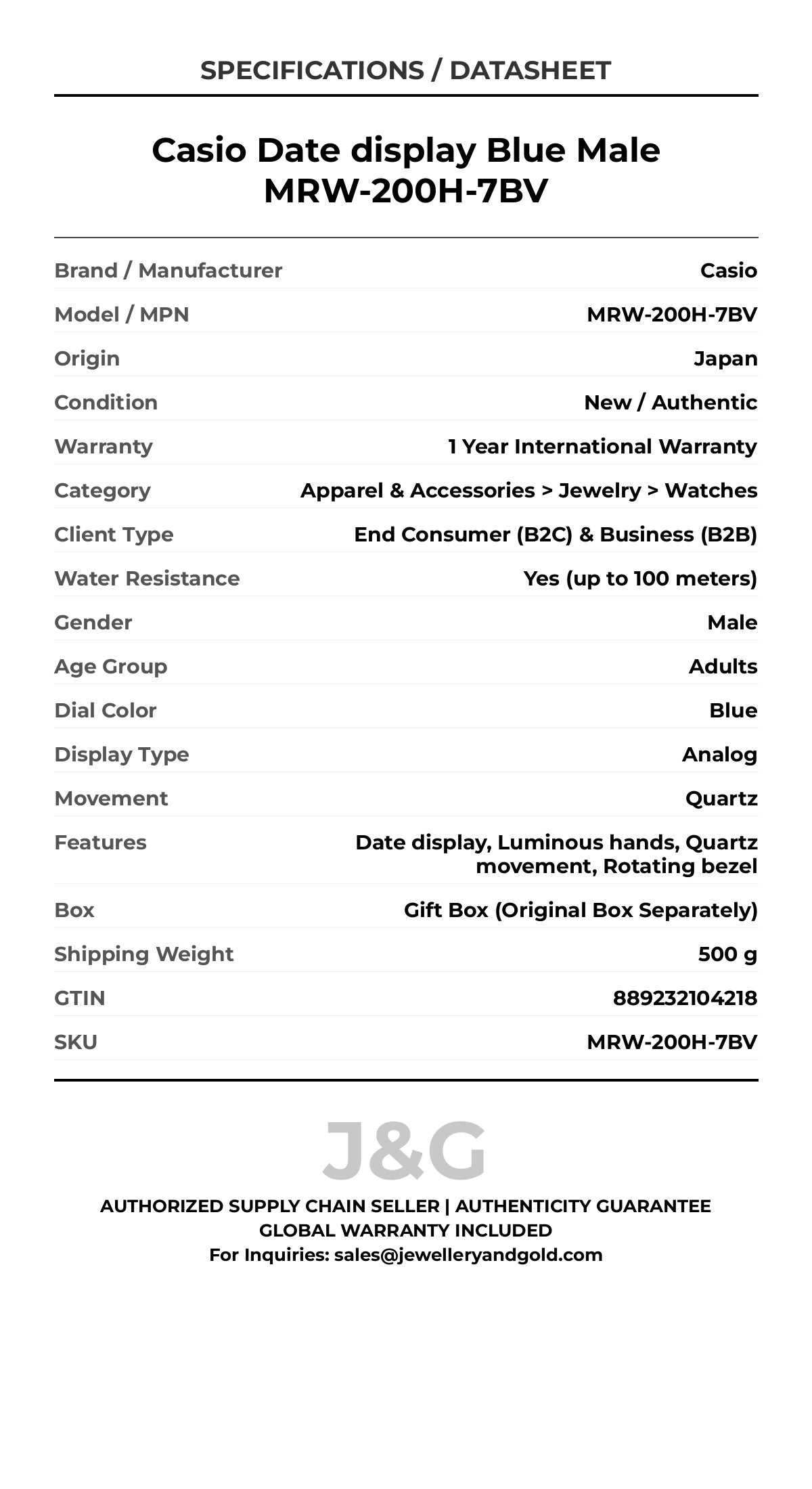 Casio Date display Blue Male MRW-200H-7BV - Specifications