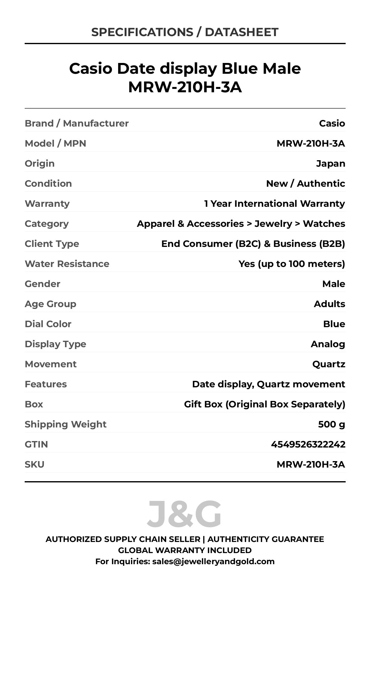 Casio Date display Blue Male MRW-210H-3A - Specifications