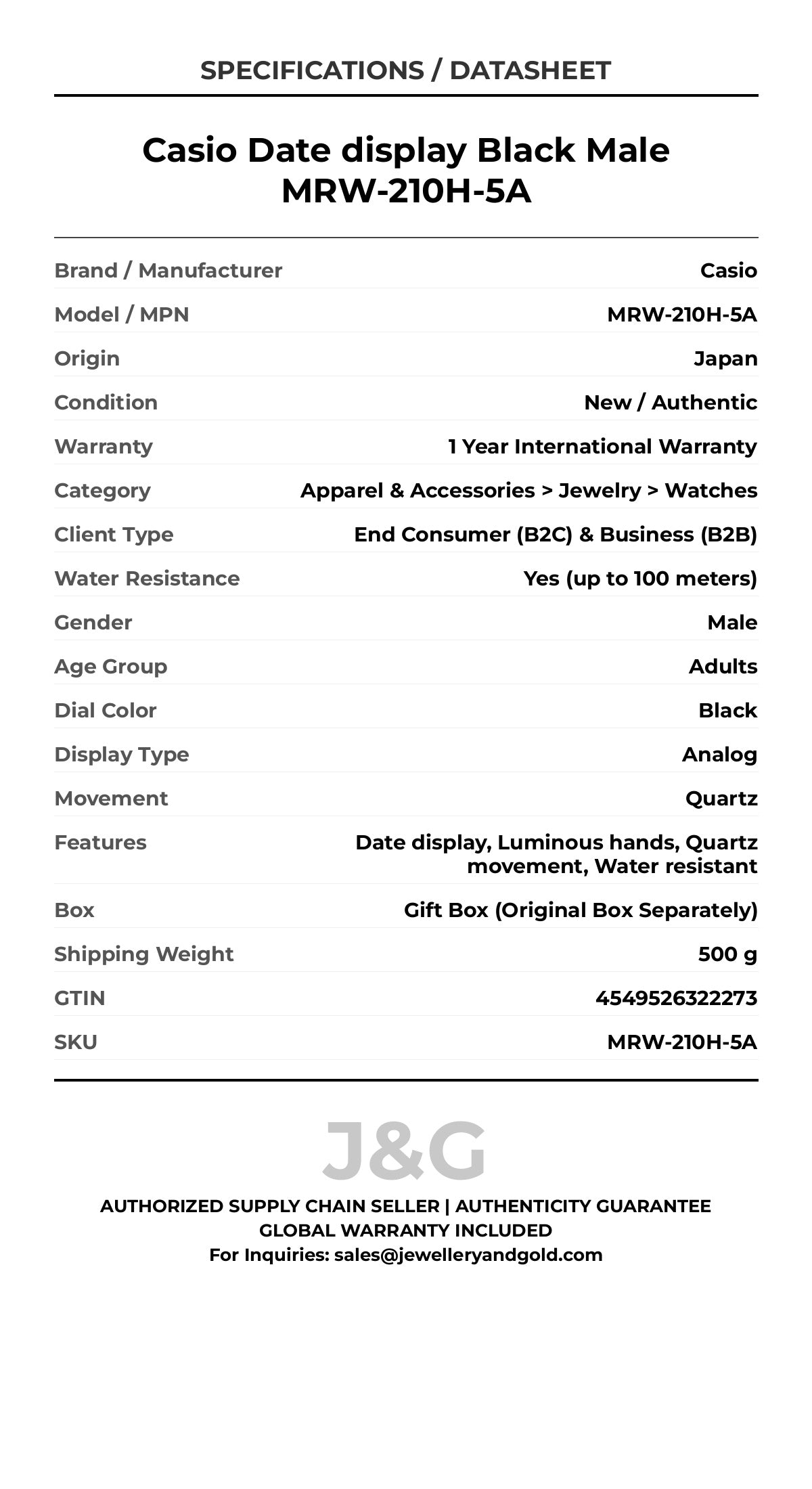 Casio Date display Black Male MRW-210H-5A - Specifications