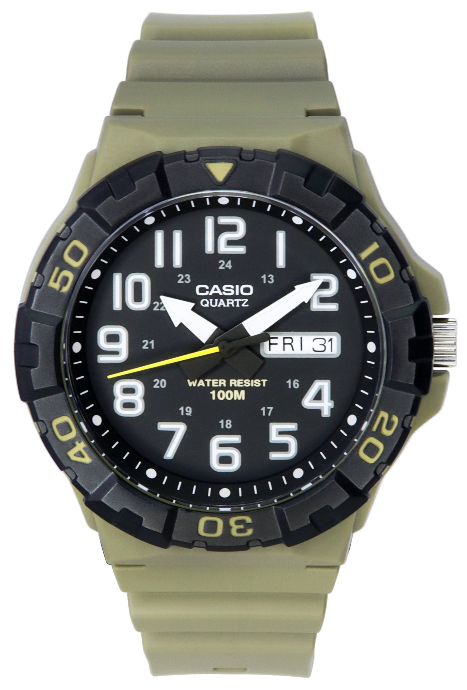 Casio Date display Black Male MRW-210H-5A. A brand-new Casio watch featuring a Black dial. Side view.