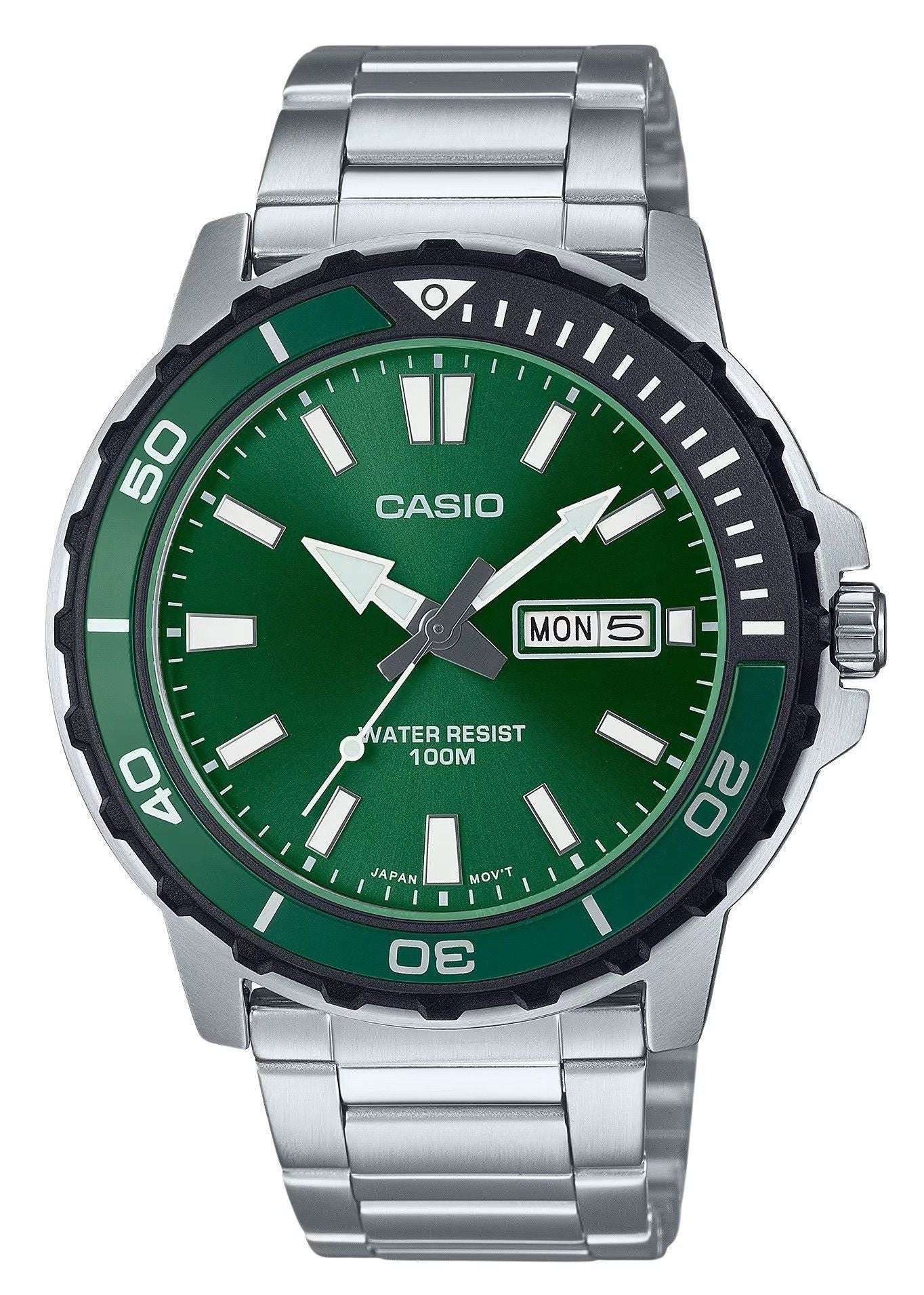 Casio Standard Quartz movement Green Stainless steel Male MTD-125D-3AV. A brand-new Casio Standard watch featuring a Green dial and a Stainless steel strap. Front view.