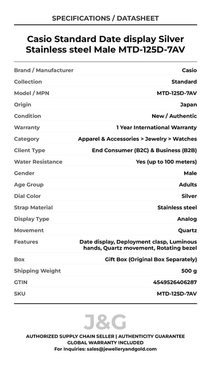 Casio Standard Date display Silver Stainless steel Male MTD-125D-7AV - Specifications