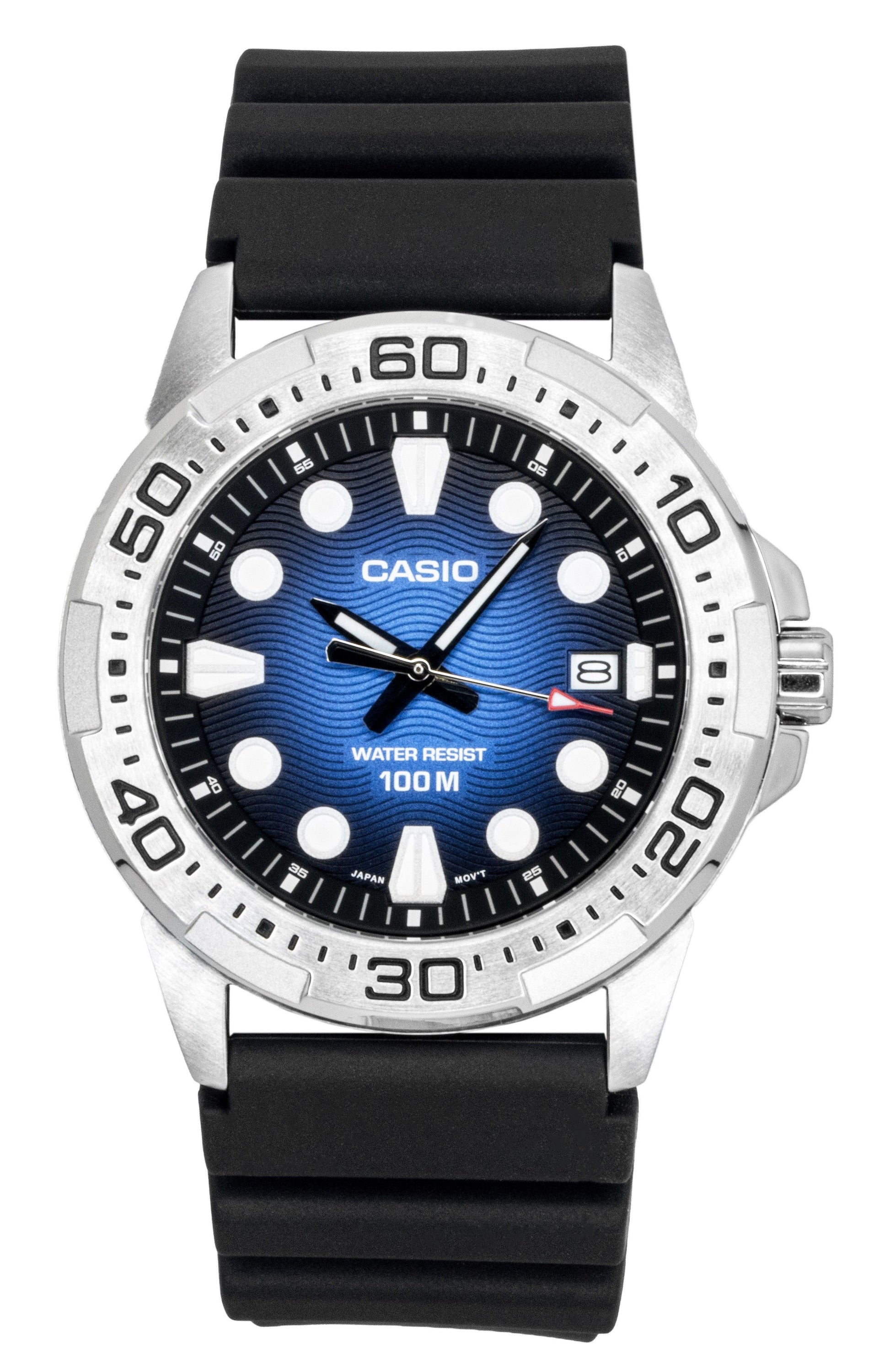 Casio Standard Quartz movement Blue Stainless steel Male MTD-140-2AV. A brand-new Casio Standard watch featuring a Blue dial and a Stainless steel strap. Front view.