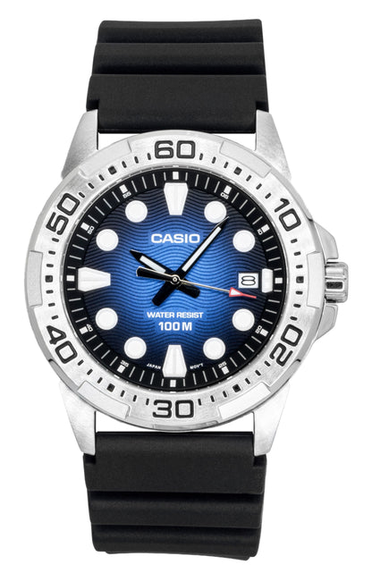 Casio Standard Quartz movement Blue Stainless steel Male MTD-140-2AV. A brand-new Casio Standard watch featuring a Blue dial and a Stainless steel strap. Front view.