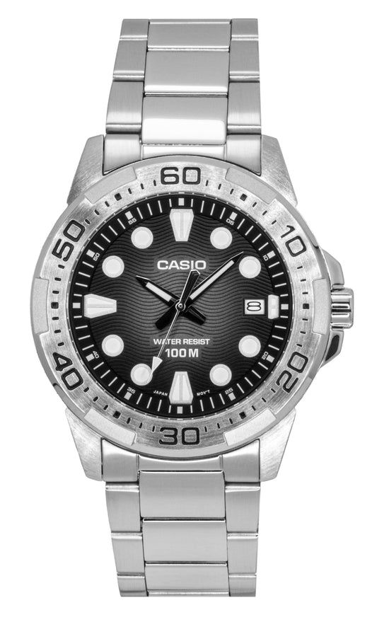 Casio Standard Quartz movement Black Stainless steel Male MTD-140D-1AV. A brand-new Casio Standard watch featuring a Black dial and a Stainless steel strap. Angled view.