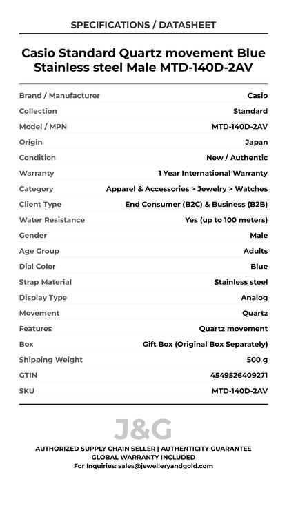 Casio Standard Quartz movement Blue Stainless steel Male MTD-140D-2AV - Specifications