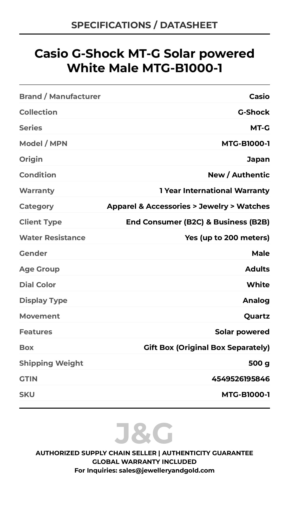 Casio G-Shock MT-G Solar powered White Male MTG-B1000-1 - Specifications