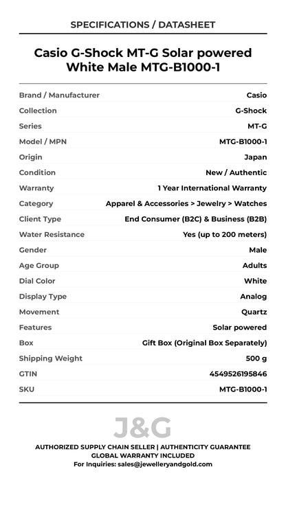 Casio G-Shock MT-G Solar powered White Male MTG-B1000-1 - Specifications
