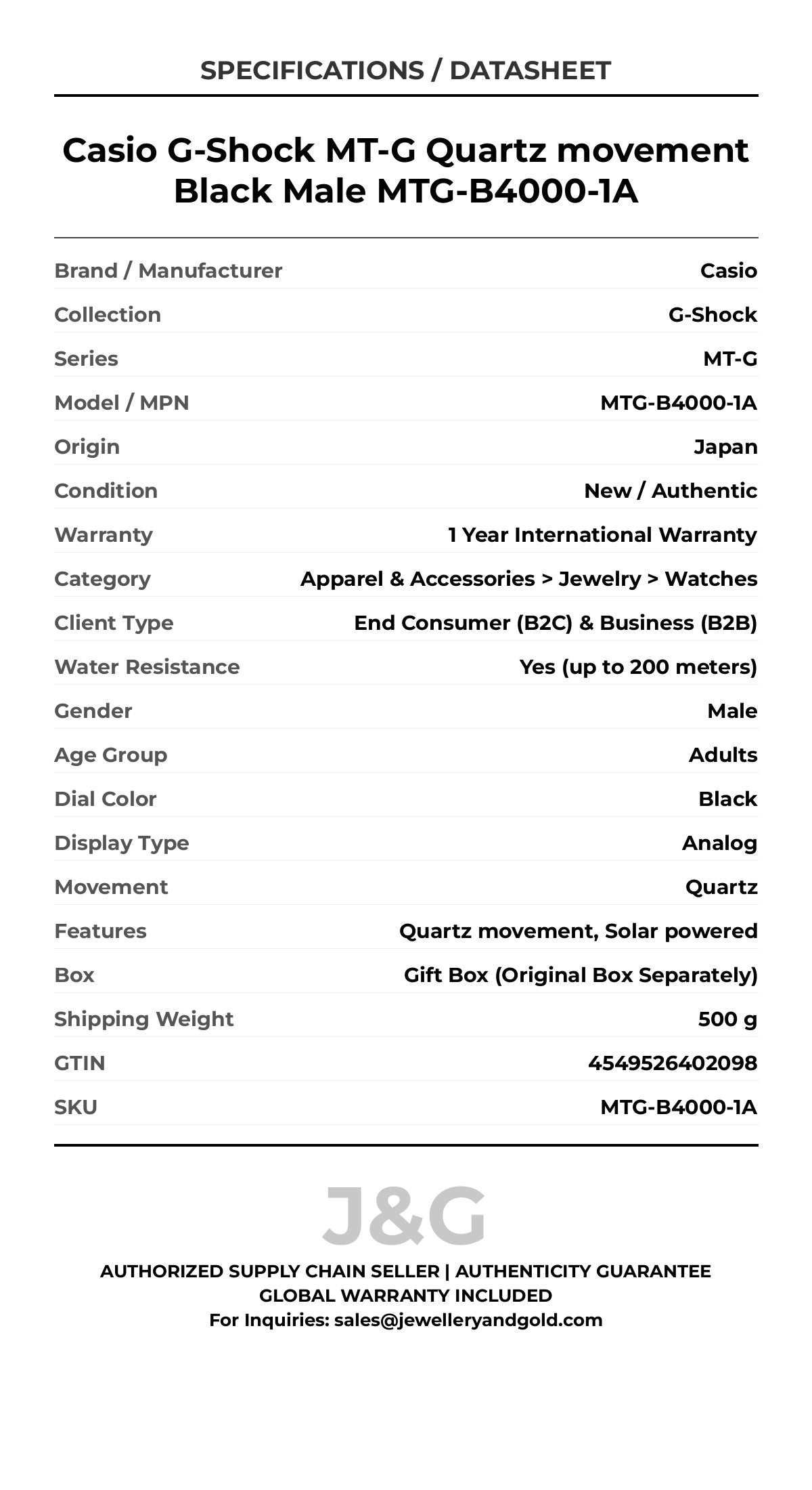 Casio G-Shock MT-G Quartz movement Black Male MTG-B4000-1A - Specifications