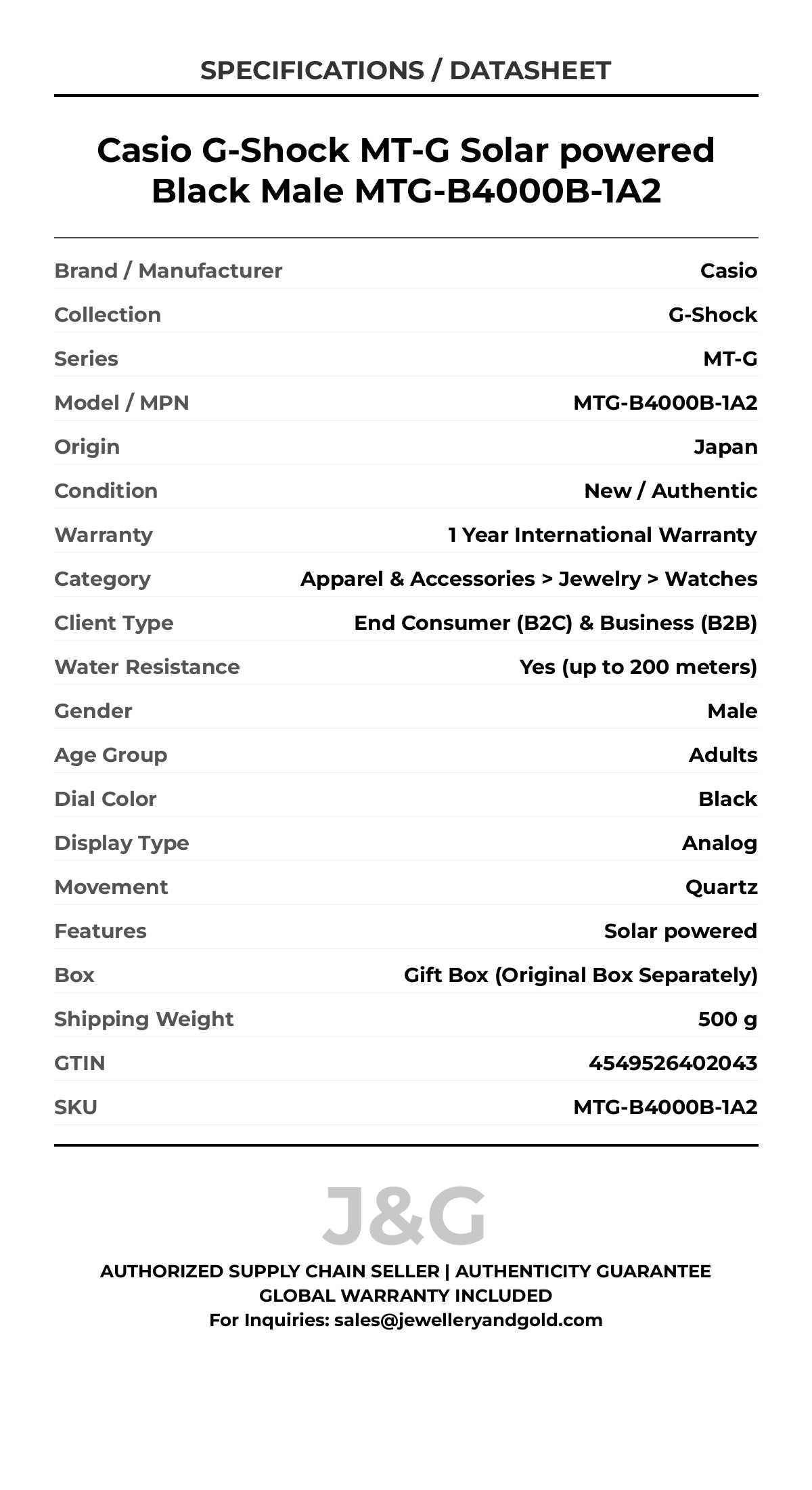 Casio G-Shock MT-G Solar powered Black Male MTG-B4000B-1A2 - Specifications