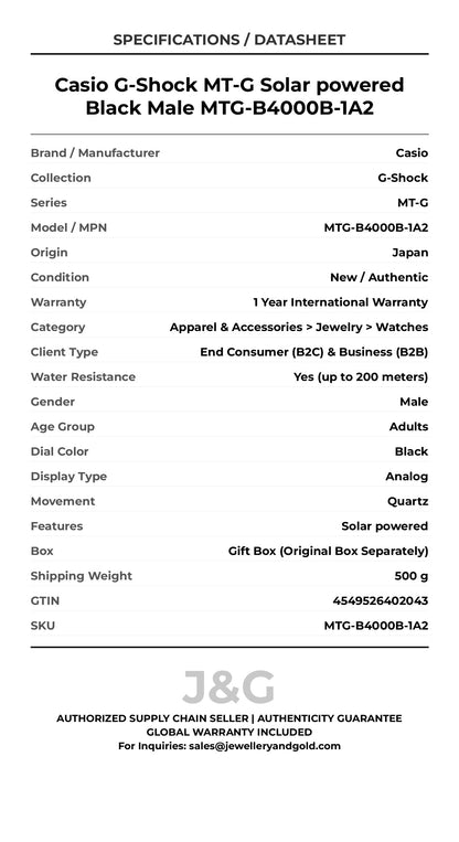 Casio G-Shock MT-G Solar powered Black Male MTG-B4000B-1A2 - Specifications