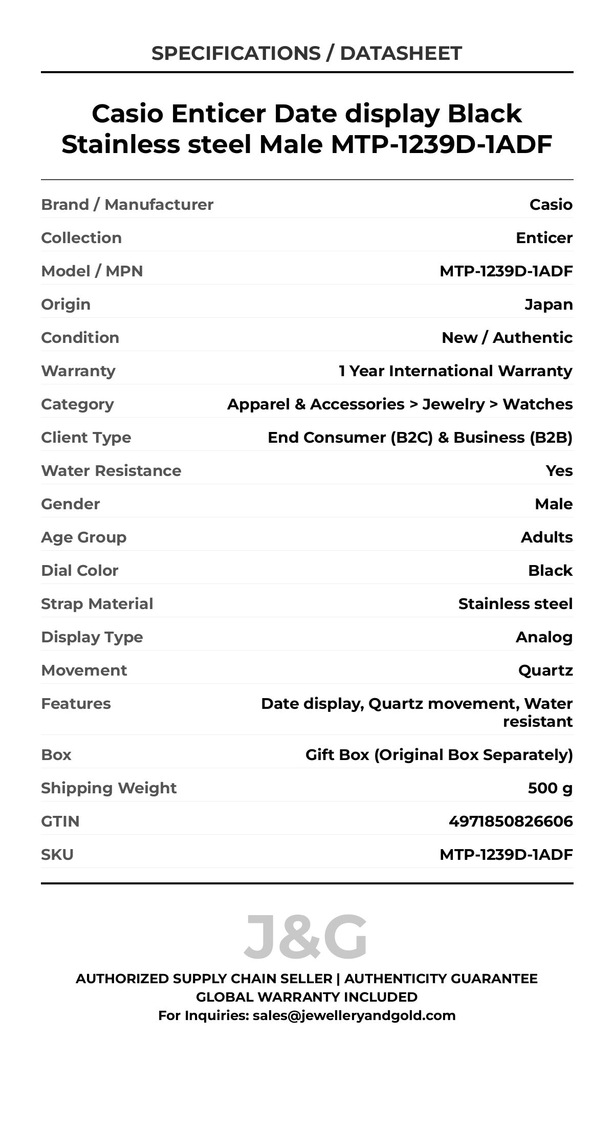 Casio Enticer Date display Black Stainless steel Male MTP-1239D-1ADF - Specifications