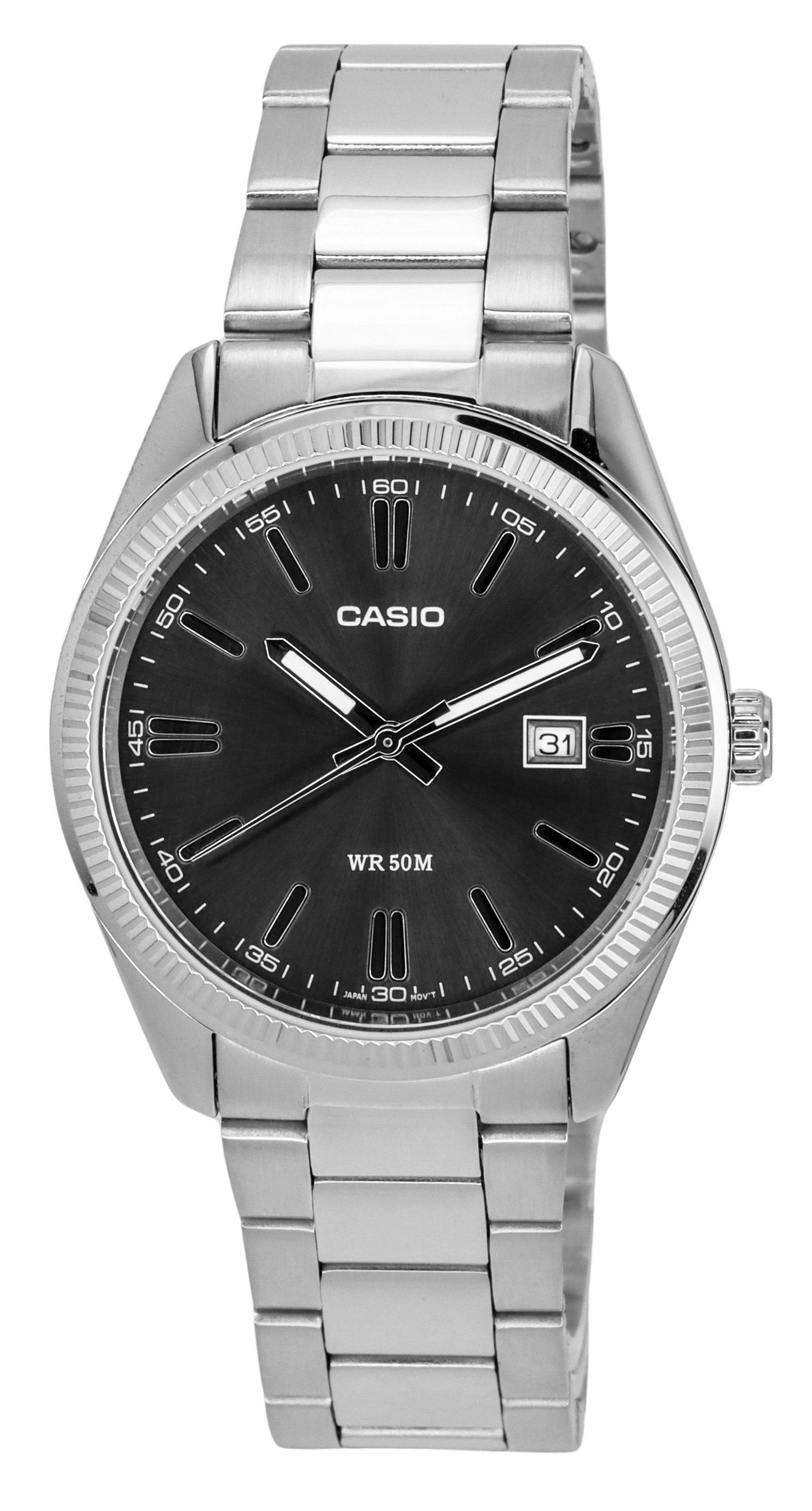 Casio Standard Quartz movement Black Stainless steel Male MTP-1302D-1A1. A brand-new Casio Standard watch featuring a Black dial and a Stainless steel strap. Front view.