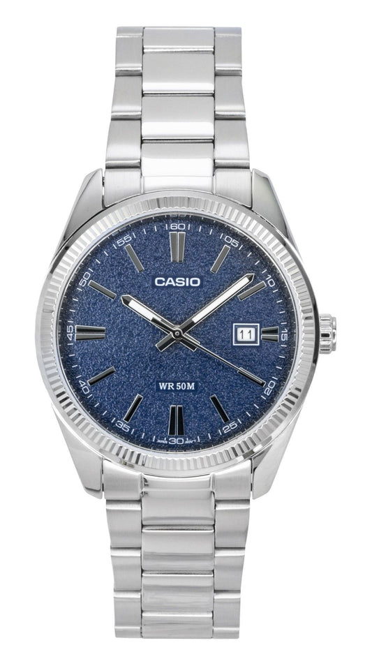 Casio Standard Quartz movement Blue Stainless steel Male MTP-1302DA-2A1V. A brand-new Casio Standard watch featuring a Blue dial and a Stainless steel strap. Angled view.
