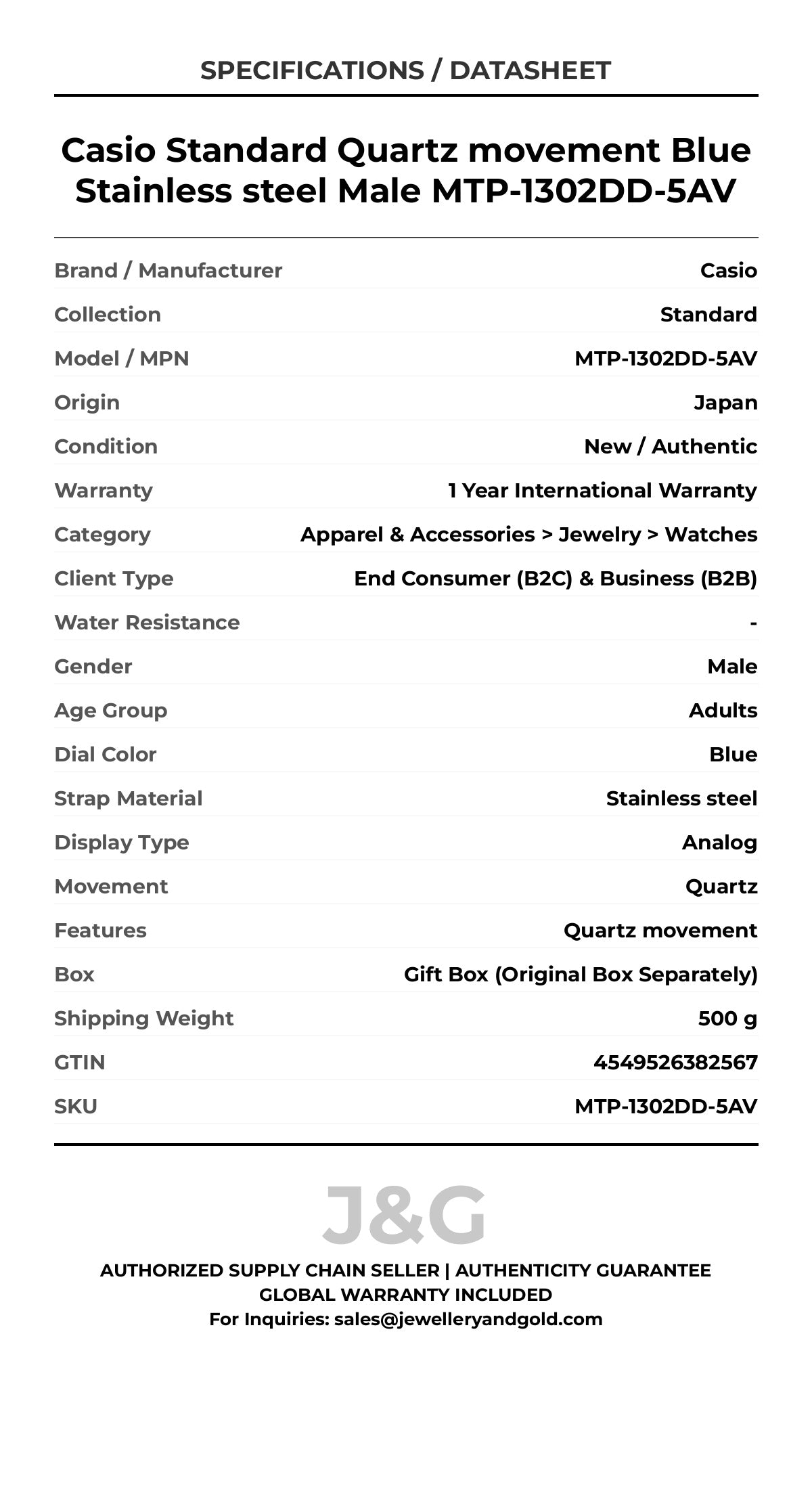 Casio Standard Quartz movement Blue Stainless steel Male MTP-1302DD-5AV - Specifications