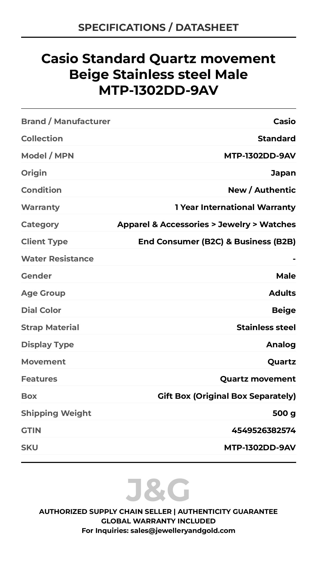 Casio Standard Quartz movement Beige Stainless steel Male MTP-1302DD-9AV - Specifications